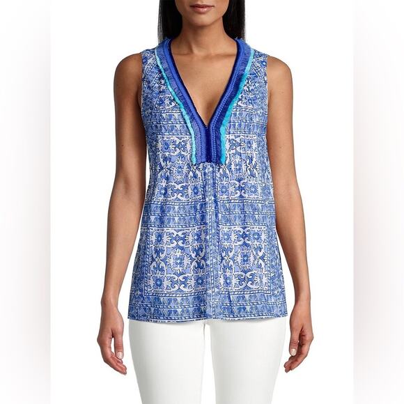 Vineyard Vines Tank Blue White Cay Scarf Print Nautical V-Neck Fringe Coastal XS - Picture 1 of 9